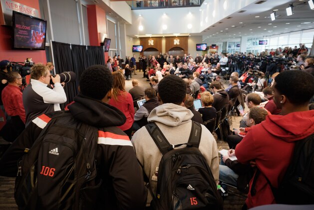 LINCOLN, NE - DECEMBER 5:  Mike Riley, newly hired head football coach at the University of Nebraska, talks with members of the media during a press conference inside Memorial Stadium December 5, 2014 in Lincoln, Nebraska.   (Photo by Eric Francis/Getty Images)