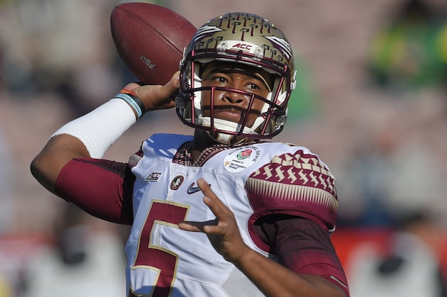 In this Jan. 1, 2015 file photo, Florida State quarterback Jameis Winston passes against Oregon during the first half of the Rose Bowl NCAA college football playoff semifinal, in Pasadena, Calif. Winston declared himself eligible for the NFL draft Wednesday, Jan. 7, 2015,  the same day the woman who accused him of rape filed a lawsuit against the university saying it failed to properly investigate her allegations.(AP Photo/Mark J. Terrill, File)