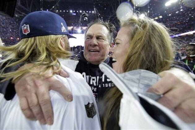 ADDS ID OF BELICHICK'S CHILDREN - New England Patriots head coach Bill Belichick, center, celebrates with his son Steve Belichick, left, and daughter Amanda Belichick after NFL Super Bowl XLIX football game against the Seattle Seahawks Sunday, Feb. 1, 2015, in Glendale, Ariz. The Patriots won 28-24. (AP Photo/Matt Slocum)