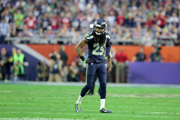 Seattle Seahawks Richard Sherman #25 is seen against the New England Patriots  during the Super Bowl on Sunday, January 31, 2015 in Glendale, AZ.  (AP Photo/Gregory Payan)