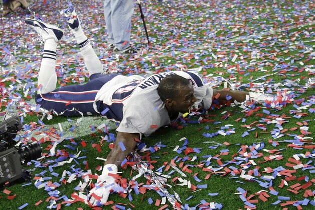 New England Patriots strong safety Duron Harmon (30) celebrates after the NFL Super Bowl XLIX football game against the Seattle Seahawks Sunday, Feb. 1, 2015, in Glendale, Ariz. The Patriots won 28-24. (AP Photo/David Goldman)