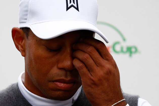 SCOTTSDALE, AZ - JANUARY 30: Tiger Woods speaks with the media after finishing 11 over-par for a total of 13 over-par after his second round of the Waste Management Phoenix Open at TPC Scottsdale on January 30, 2015 in Scottsdale, Arizona.  (Photo by Sam Greenwood/Getty Images)