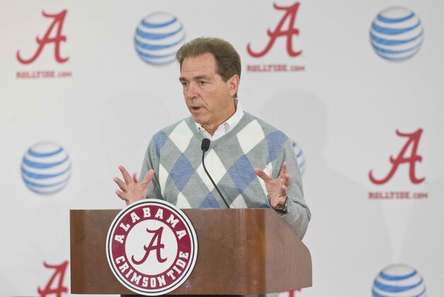 Alabama head coach Nick Saban talks about how proud he is of Amari Cooper, T.J. Yeldon and Landon Collins for declaring their decision to enter the NFL draft during a press conference, Friday, Jan. 9, 2015, in Tuscaloosa, Ala. Saban said that it speaks highly of the Alabama program to have players enter the NFL draft. (AP Photo/Brynn Anderson)