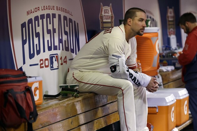 St. Louis Cardinals starting pitcher Adam Wainwright sits in the dugout after pitching in the fourth inning in Game 1 of the National League baseball championship series against the San Francisco Giants Saturday, Oct. 11, 2014, in St. Louis. (AP Photo/David J. Phillip)