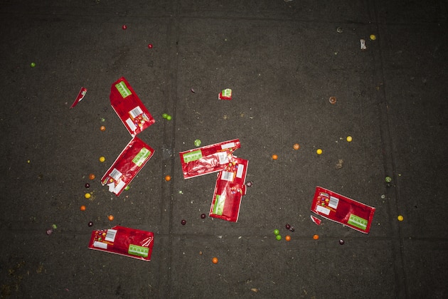 SEATTLE, WA - FEBRUARY 1: Discarded Skittles candy lies scattered on a sidewalk after Seattle Seahawks fans watched their team fall to the New England Patriots in Super Bowl XLIX on February 1, 2015 in Seattle, Washington. Skittles have become synonymous with Seahawks pride due to their constant consumption by star running back Marshawn Lynch.  (Photo by David Ryder/Getty Images)
