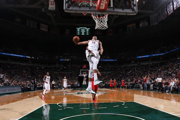 MILWAUKEE, WI -  JANUARY 31:  Giannis Antetokounmpo #34 of the Milwaukee Bucks goes up for a dunk against the Portland Trail Blazers on January 31, 2015 at BMO Harris Bradley Center in Milwaukee, Wisconsin . NOTE TO USER: User expressly acknowledges and agrees that, by downloading and or using this Photograph, user is consenting to the terms and conditions of the Getty Images License Agreement. Mandatory Copyright Notice: Copyright 2015 NBAE (Photo by Gary Dineen/NBAE via Getty Images)