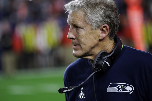 Seattle Seahawks head coach Pete Carroll watches from the sidelines during the second half of NFL Super Bowl XLIX football game against the New England Patriots Sunday, Feb. 1, 2015, in Glendale, Ariz. The Patriots won 28-24. (AP Photo/David Goldman)