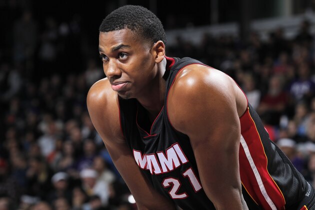 SACRAMENTO, CA - JANUARY 16: Hassan Whiteside #21 of the Miami Heat looks on during the game against the Sacramento Kings on January 16, 2015 at Sleep Train Arena in Sacramento, California. NOTE TO USER: User expressly acknowledges and agrees that, by downloading and or using this photograph, User is consenting to the terms and conditions of the Getty Images Agreement. Mandatory Copyright Notice: Copyright 2015 NBAE (Photo by Rocky Widner/NBAE via Getty Images)