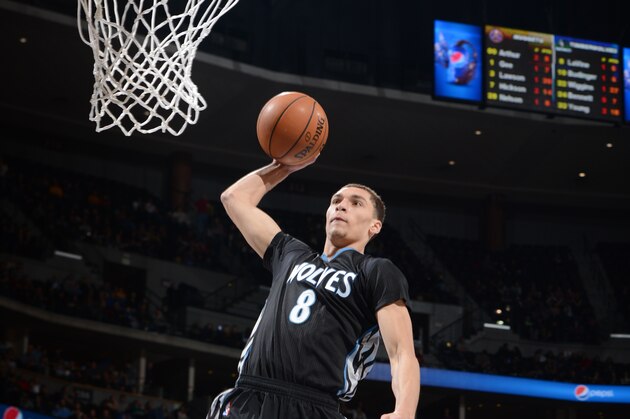 DENVER, CO-  JANUARY 17: Zach LaVine #8 of the Minnesota Timberwolves goes for the dunk against the Denver Nuggets during the game on January 17, 2015 at Pepsi Center in Denver, Colorado. NOTE TO USER: User expressly acknowledges and agrees that, by downloading and or using this Photograph, user is consenting to the terms and conditions of the Getty Images License Agreement. Mandatory Copyright Notice: Copyright 2015 NBAE (Photo by Garrett Ellwood/NBAE via Getty Images)