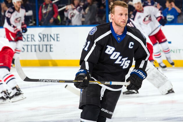 TAMPA, FL - JANUARY 31: Steven Stamkos #91 of the Tampa Bay Lightning skates during the pregame warm ups prior to the game against the Columbus Blue Jackets at the Amalie Arena on January 31, 2015 in Tampa, Florida.  (Photo by Scott Audette/NHLI via Getty Images)