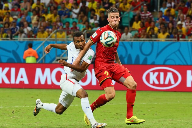 SALVADOR, BRAZIL - JULY 01:  Julian Green of the United States scores his team's first goal in extra time against Toby Alderweireld of Belgium during the 2014 FIFA World Cup Brazil Round of 16 match between Belgium and the United States at Arena Fonte Nova on July 1, 2014 in Salvador, Brazil.  (Photo by Kevin C. Cox/Getty Images)