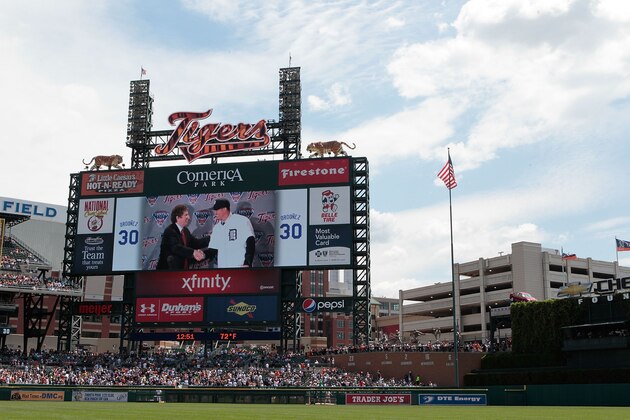 DETROIT, MI - JUNE 03: Former Detroit Tiger player Magglio Ordonez talks speaks to the fans and players on his retirement celebration prior to the start of the game between the New York Yankees and the Detroit Tigers at Comerica Park on June 3, 2012 in Detroit, Michigan. (Photo by Leon Halip/Getty Images)