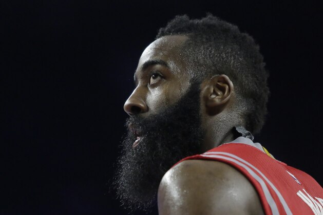 Houston Rockets' James Harden (13) during the second half of an NBA basketball game against the Detroit Pistons Saturday, Jan. 31, 2015, in Auburn Hills, Mich. The Pistons defeated the Rockets 114-101. (AP Photo/Duane Burleson)