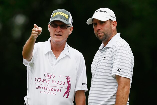 FORT WORTH, TX - MAY 23:  Josh Teater chats with his caddie Mike Hicks on the 12th hole during the first round of the Crowne Plaza Invitational at Colonial at  Colonia Country Club on May 23, 2013 in Fort Worth, Texas.  (Photo by Scott Halleran/Getty Images)