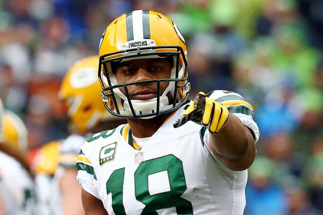 SEATTLE, WA - JANUARY 18:   Randall Cobb #18 of the Green Bay Packers reacts in the first half while taking on the Seattle Seahawks during the 2015 NFC Championship game at CenturyLink Field on January 18, 2015 in Seattle, Washington.  (Photo by Ronald Martinez/Getty Images)