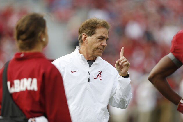 Alabama head coach Nick Saban gestures before an NCAA college football game against Western Carolina, Saturday, Nov. 22, 2014, in Tuscaloosa, Ala. (AP Photo/Brynn Anderson)