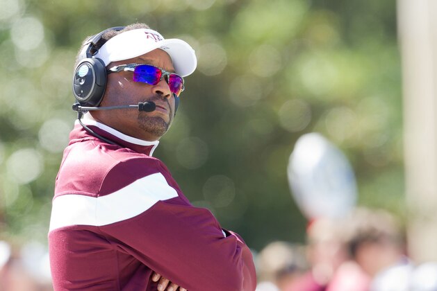 Oct 4, 2014; Starkville, MS, USA; Texas A&M Aggies head coach Kevin Sumlin during the game against the Texas A&M Aggies at Davis Wade Stadium. Mandatory Credit: Marvin Gentry-USA TODAY Sports