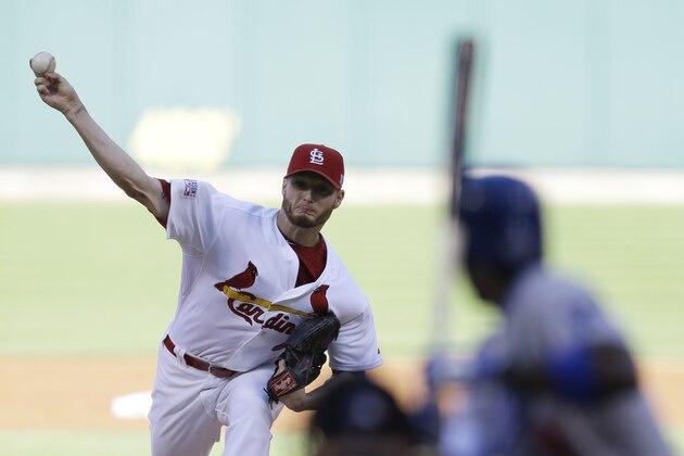 St. Louis Cardinals starting pitcher Shelby Miller throws a pitch during the first inning of Game 4 of baseball's NL Division Series against the Los Angeles Dodgers, Monday, Oct. 6, 2014, in St. Louis. (AP Photo/Jeff Roberson, Pool)