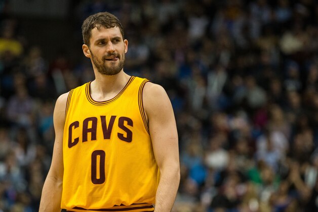 Jan 31, 2015; Minneapolis, MN, USA; Cleveland Cavaliers forward Kevin Love (0) looks on during the fourth quarter against the Minnesota Timberwolves at Target Center. The Cavaliers defeated the Timberwolves 106-90. Mandatory Credit: Brace Hemmelgarn-USA TODAY Sports