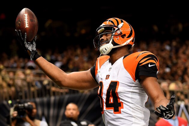 NEW ORLEANS, LA - NOVEMBER 16:  Jermaine Gresham #84 of the Cincinnati Bengals celebrates his touchdown during the second half against the New Orleans Saints at Mercedes-Benz Superdome on November 16, 2014 in New Orleans, Louisiana.  (Photo by Stacy Revere/Getty Images)