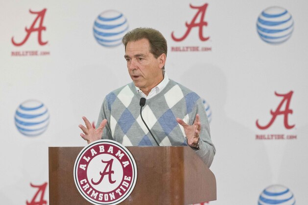 Alabama head coach Nick Saban talks about how proud he is of Amari Cooper, T.J. Yeldon and Landon Collins for declaring their decision to enter the NFL draft during a press conference, Friday, Jan. 9, 2015, in Tuscaloosa, Ala. Saban said that it speaks highly of the Alabama program to have players enter the NFL draft. (AP Photo/Brynn Anderson)
