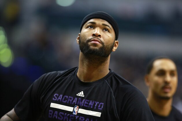 Sacramento Kings center DeMarcus Cousins watches the rim during warmups before an NBA basketball game against the Indiana Pacers, Saturday, Jan. 31, 2015, in Indianapolis. Sacramento won 99-94.   (AP Photo/R Brent Smith)