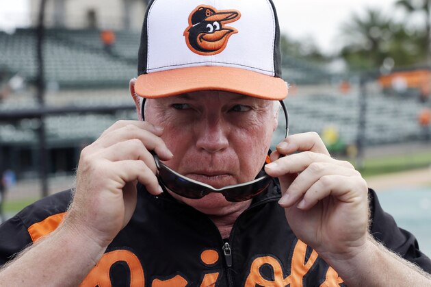 Baltimore Orioles manager Buck Showalter puts on his sunglasses during batting practice before a spring exhibition baseball game against the Pittsburgh Pirates in Sarasota, Fla., Sunday, March 23, 2014. (AP Photo/Carlos Osorio)