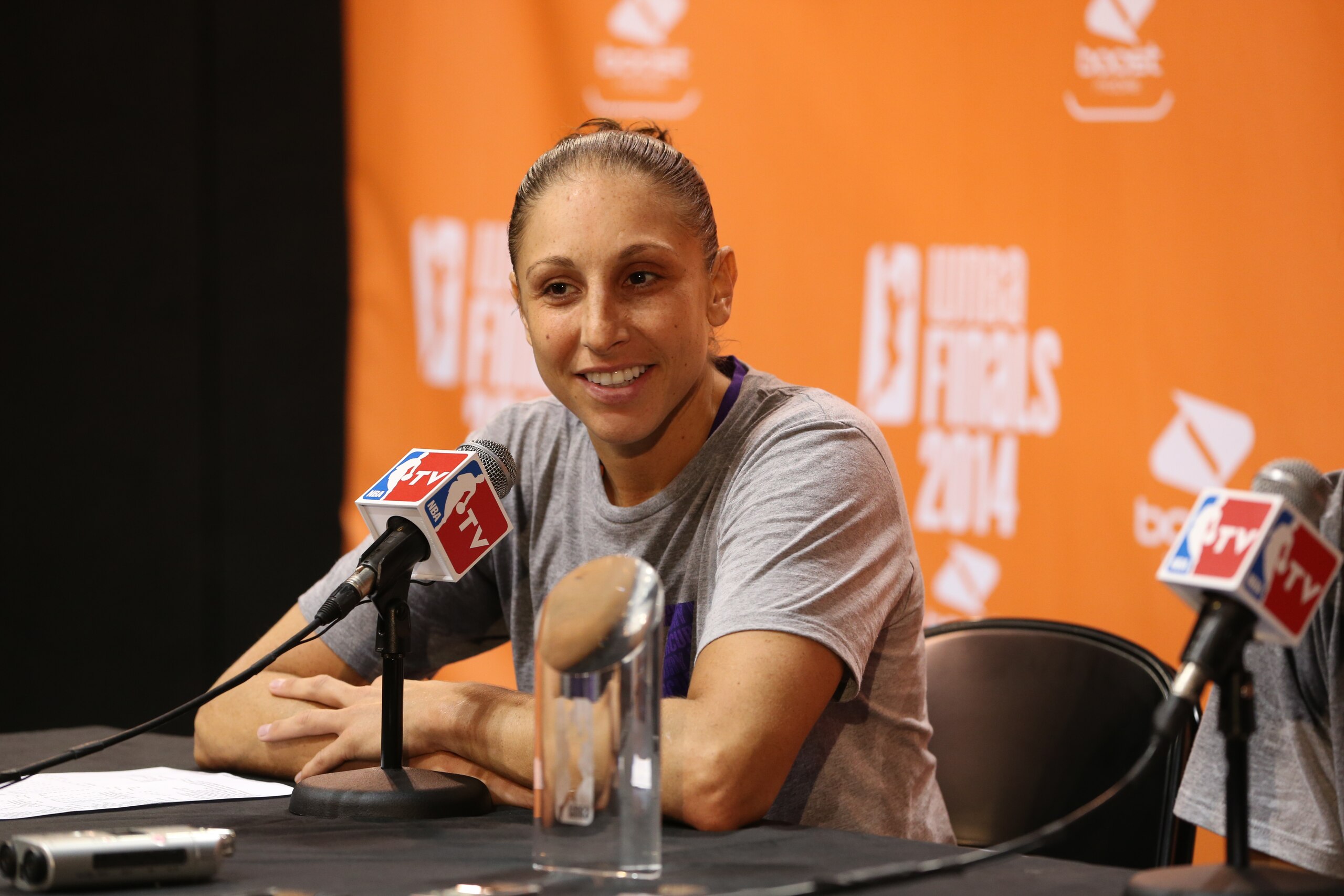 CHICAGO, IL - SEPTEMBER 12: Diana Taurasi #3 of the Phoenix Mercury talks to the media following Game Three of the 2014 WNBA Finals on September 12, 2014 at the UIC Pavilion in Chicago, Illinois.  NOTE TO USER: User expressly acknowledges and agrees that, by downloading and/or using this photograph, user is consenting to the terms and conditions of the Getty Images License Agreement.  Mandatory Copyright Notice: Copyright 2014 NBAE (Photo by Gary Dineen/NBAE via Getty Images)