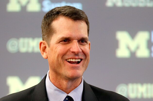 ANN ARBOR, MI - DECEMBER 30:  Jim Harbaugh speaks as he is introduced as the new Head Coach of the University of Michigan football team at the Junge Family Champions Center on December 30, 2014 in Ann Arbor, Michigan.  (Photo by Gregory Shamus/Getty Images)