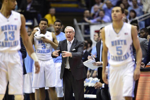 Feb 2, 2015; Chapel Hill, NC, USA; North Carolina Tar Heels head coach Roy Williams reacts in the second half. The Cavaliers defeated the Tar Heels 75-64 at Dean E. Smith Center. Mandatory Credit: Bob Donnan-USA TODAY Sports