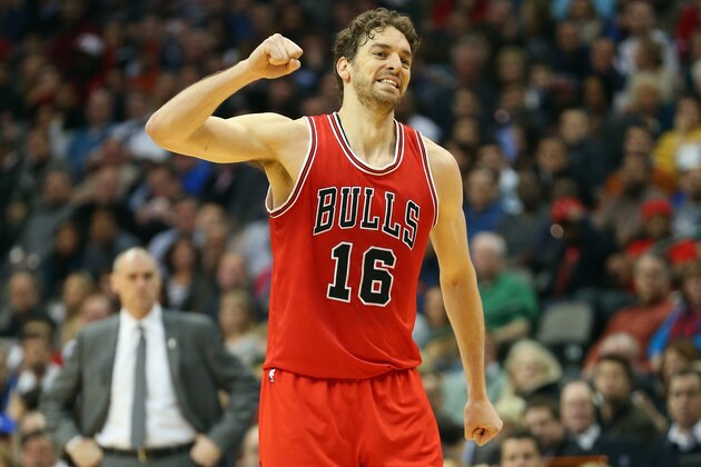 DALLAS, TX - JANUARY 23:  Pau Gasol #16 of the Chicago Bulls reacts against the Dallas Mavericks at American Airlines Center on January 23, 2015 in Dallas, Texas.  NOTE TO USER: User expressly acknowledges and agrees that, by downloading and or using this photograph, User is consenting to the terms and conditions of the Getty Images License Agreement.  (Photo by Ronald Martinez/Getty Images)