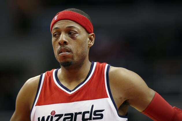 Washington Wizards forward Paul Pierce (34) pauses on the court in the first half of an NBA basketball game against the Toronto Raptors, Saturday, Jan. 31, 2015, in Washington. (AP Photo/Alex Brandon)