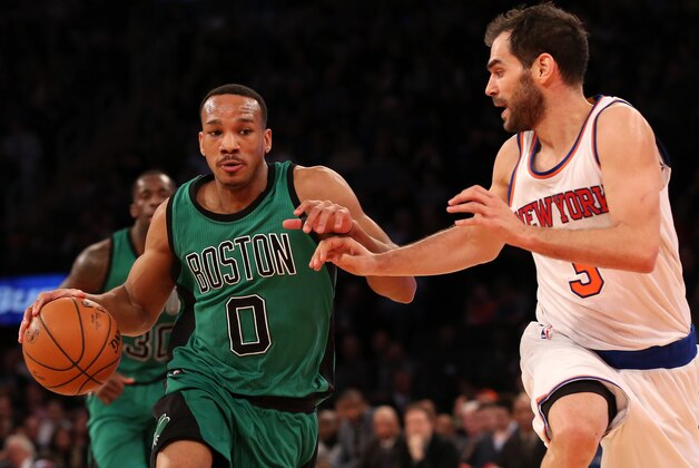 Feb 3, 2015; New York, NY, USA; Boston Celtics guard Avery Bradley (0) brings the ball up court defended by New York Knicks guard Jose Calderon (3) during the third quarter at Madison Square Garden. The Celtics defeated the Knicks 108-97. Mandatory Credit: Adam Hunger-USA TODAY Sports