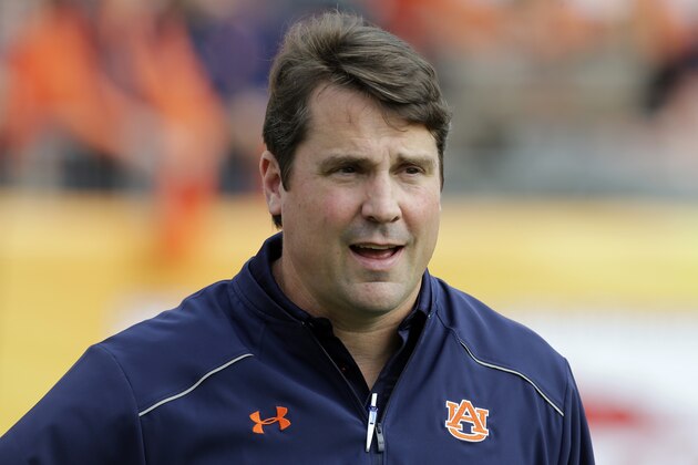 Newly-hired Auburn defensive coordinator Will Muschamp  before the Outback Bowl NCAA college football game Thursday, Jan. 1, 2015, in Tampa, Fla. Muschamp was the former head coach at Florida. (AP Photo/Chris O'Meara)