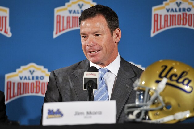 UCLA coach Jim Mora speaks during a press conference held to introduce the 2015 Valero Alamo Bowl college football head coaches, Thursday, Dec. 11, 2014, in San Antonio. UCLA will play Kansas State. (AP Photo/Darren Abate)