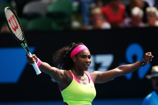 MELBOURNE, AUSTRALIA - JANUARY 26:  Serena Williams of the United States celebrates winning her fourth round match against Garbine Muguruza of Spain during day eight of the 2015 Australian Open at Melbourne Park on January 26, 2015 in Melbourne, Australia.  (Photo by Clive Brunskill/Getty Images)