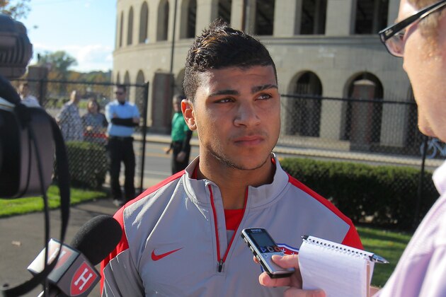 BOSTON, MA - OCTOBER 08:  DeAndre Yedlin speaks to the media during a United States soccer training session at Ohiri Field on October 8, 2014 in Boston, Massachusetts.  (Photo by Mike Lawrie/Getty Images)