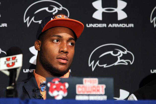 Feb 4, 2015; Seffner, FL, USA; Armwood High School  defensive end Byron Cowart tells the media his decision to go to Auburn University at a press conference at Armwood High School. Mandatory Credit: Kim Klement-USA TODAY Sports
