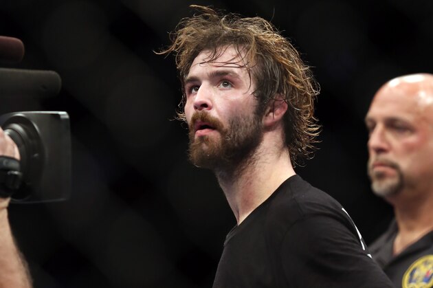 Cody McKenzie is seen after winning his bout against Leonard Garcia at UFC 159 in Newark, NJ, Saturday, April 27,2013. McKenzie won via 3-round unanimous decision.   (AP Photo/Gregory Payan)