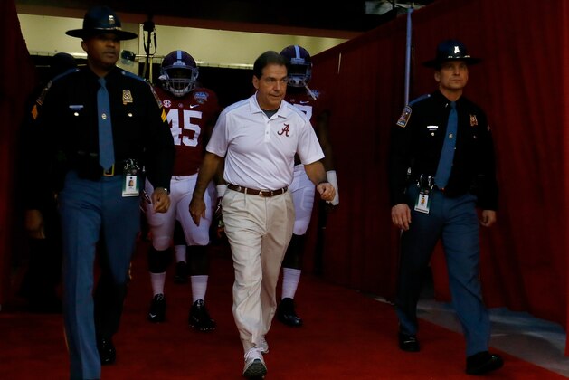 NEW ORLEANS, LA - JANUARY 01:  Head coach Nick Saban of the Alabama Crimson Tide walks on the field prior to the All State Sugar Bowl against the Ohio State Buckeyes at the Mercedes-Benz Superdome on January 1, 2015 in New Orleans, Louisiana.  (Photo by Kevin C. Cox/Getty Images)