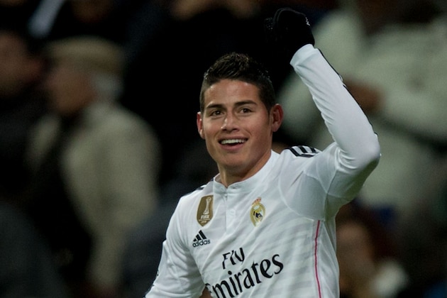 MADRID, SPAIN - FEBRUARY 04:  James Rodriguez celebrates scoring their opening goal during the La Liga match between Real Madrid CF and Sevilla FC at Estadio Santiago Bernabeu on February 4, 2015 in Madrid, Spain.  (Photo by Gonzalo Arroyo Moreno/Getty Images)