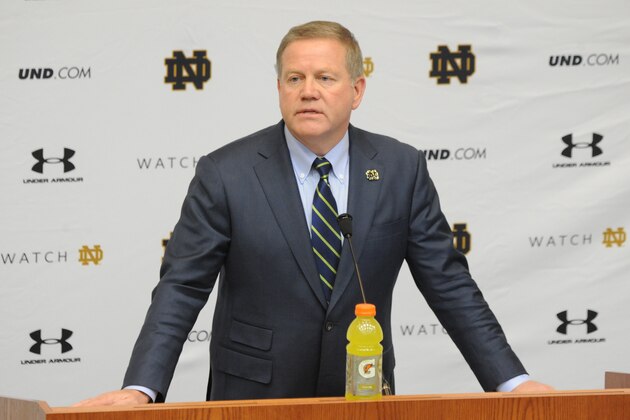 Notr Dame football coach Brian Kelly talks to the media about his 2015 recruiting class in South Bend, Ind. Wednesday Feb. 4, 2015. (AP Photo/Joe Raymond)