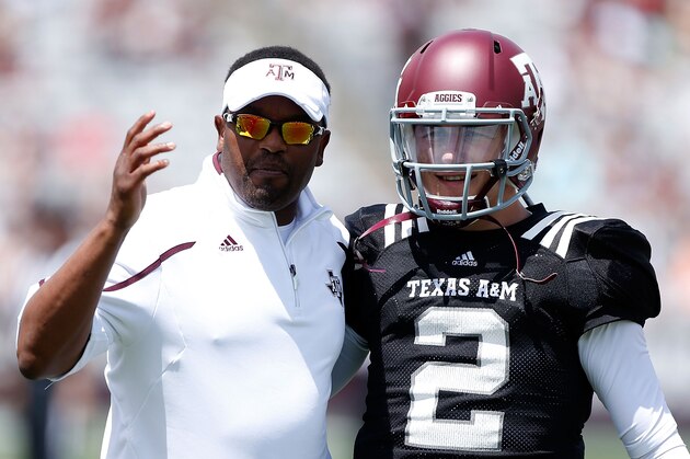 COLLEGE STATION, TX - APRIL 13:  Head coach Kevin Sumlin of the Texas A&M Aggies chats with his quarterback Johnny Manziel #2 before the Maroon & White spring football game at Kyle Field on April 13, 2013 in College Station, Texas.  (Photo by Scott Halleran/Getty Images)