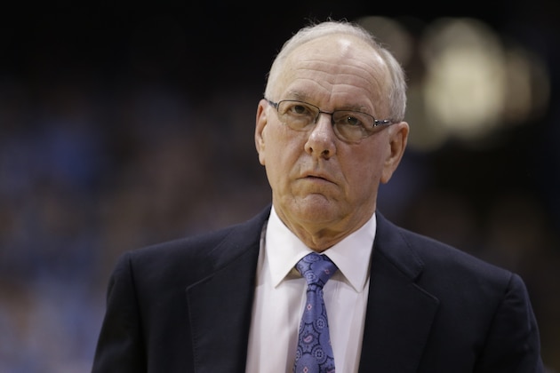 Syracuse coach Jim Boeheim walks along the sidelines during the first half of an NCAA college basketball game against North Carolina in Chapel Hill, N.C., Monday, Jan. 26, 2015. (AP Photo/Gerry Broome)