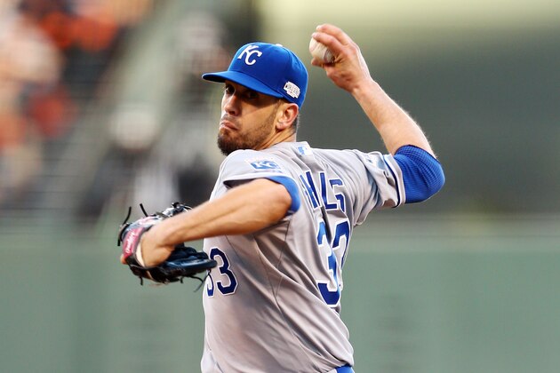 Kansas City Royals pitcher James Shields throws during the first inning of Game 5 of baseball's World Series against the San Francisco Giants Sunday, Oct. 26, 2014, in San Francisco. (AP Photo/Else, Pool)