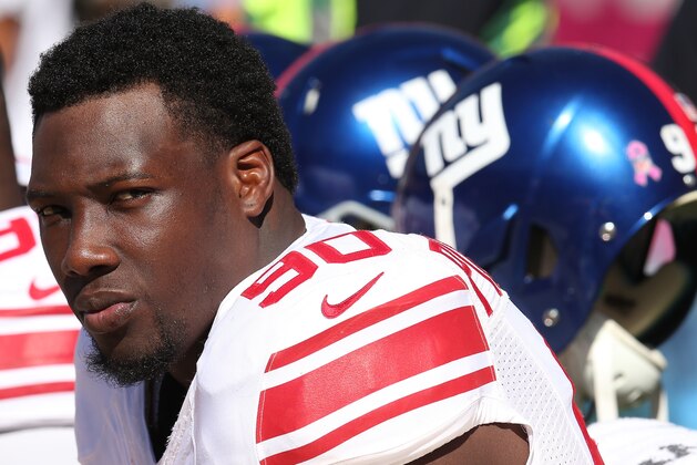 SAN FRANCISCO, CA - OCTOBER 14:  Defensive end Jason Pierre-Paul #90 of the New York Giants on the bench in the game with the San Francisco 49ers at Candlestick Park on October 14, 2012 in San Francisco, California.  (Photo by Stephen Dunn/Getty Images)
