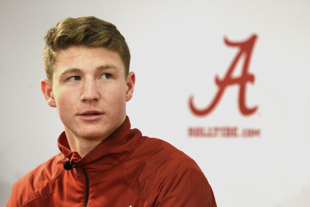 Alabama freshman quarterback Blake Barnett speaks to the media during an NCAA college football national signing day press conference, Wednesday, Feb. 4, 2015, in Tuscaloosa, Ala. (AP Photo/Brynn Anderson)