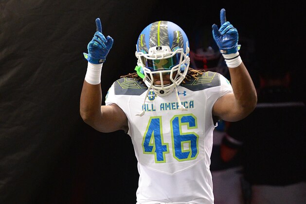 Jan 2, 2015; St. Petersburg, FL, USA; Team Highlight linebacker Malik Jefferson (46) runs on to the field during the introductions at the 2015 Under Armour All-America Game at Tropicana Field. Mandatory Credit: Jonathan Dyer-USA TODAY Sports