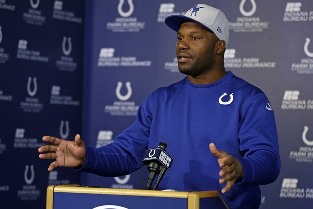 Indianapolis Colts linebacker D’Qwell  Jackson answers a question during a press conference at the NFL team's football practice facility in Indianapolis, Wednesday, Jan. 7, 2015. The Colts face the Denver Broncos in an NFL divisional playoff game on Sunday. (AP Photo/Michael Conroy)