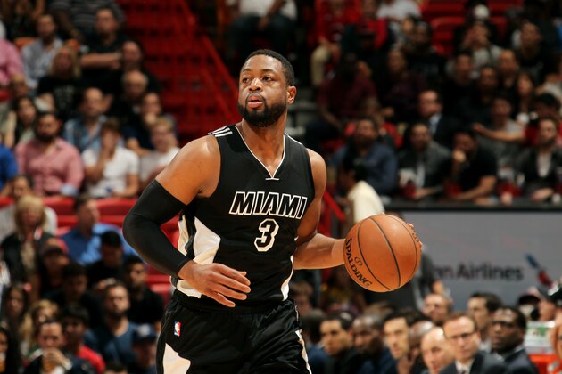 MIAMI, FL - JANUARY 20: Dwyane Wade #3 of the Miami Heat handles the ball against the Oklahoma City Thunder on January 20, 2015 at American Airlines Arena in Miami, Florida. NOTE TO USER: User expressly acknowledges and agrees that, by downloading and or using this Photograph, user is consenting to the terms and conditions of the Getty Images License Agreement. Mandatory Copyright Notice: Copyright 2015 NBAE (Photo by Isaac Baldizon/NBAE via Getty Images)
